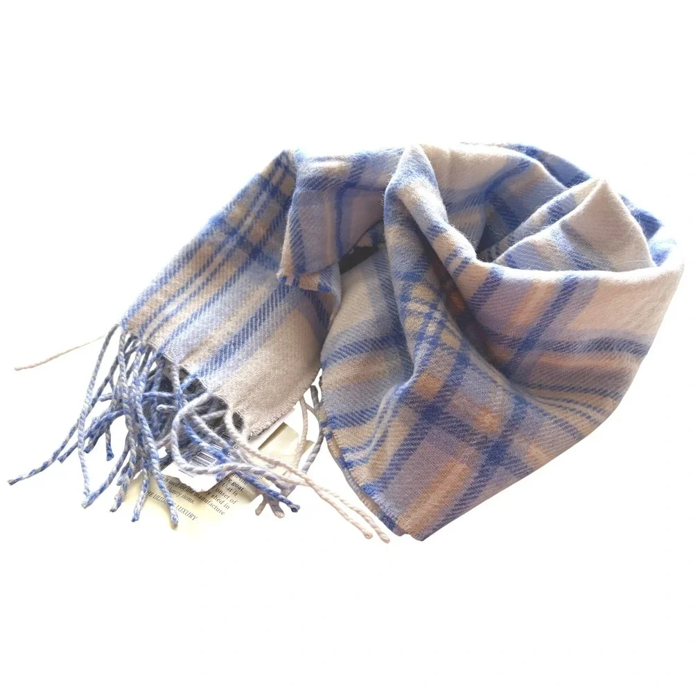 Lochmere Scarf Plaid 100% Cashmere Fringe Soft Luxury Blue Cream Tan One Size